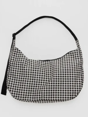 Large Nylon Crescent Bag Black & White Gingham