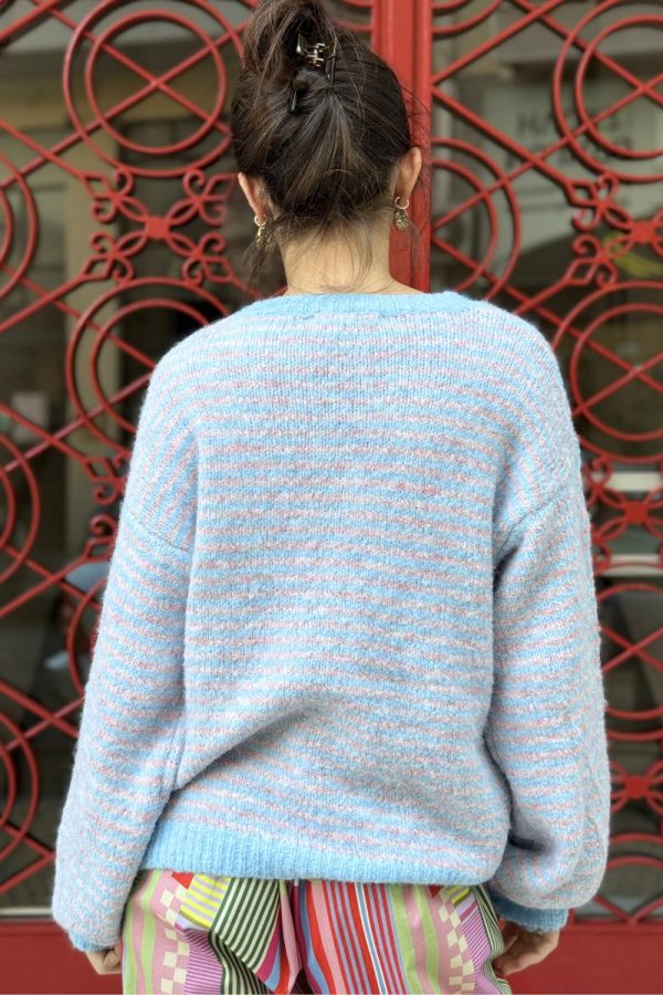 Sweater Wool Striped Small Hearts Light Blue