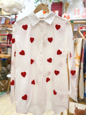 White Shirt with Embroidered Hearts