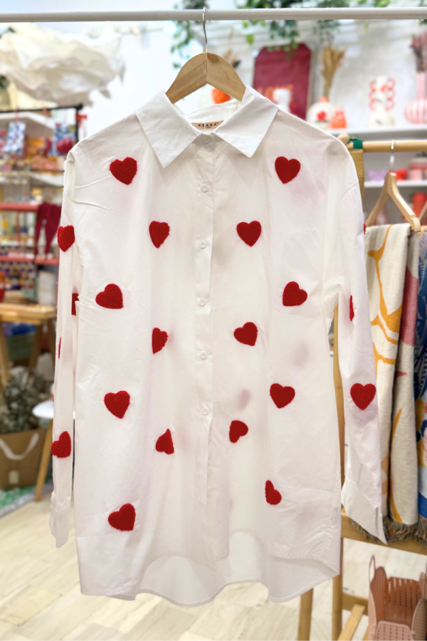 White Shirt with Embroidered Hearts