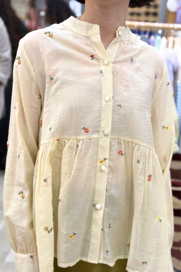 Shirt with Embroidered Flowers Yellow