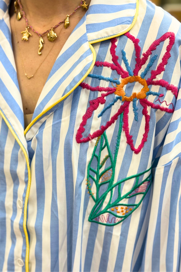 Stripped Shirt Flowers Blue