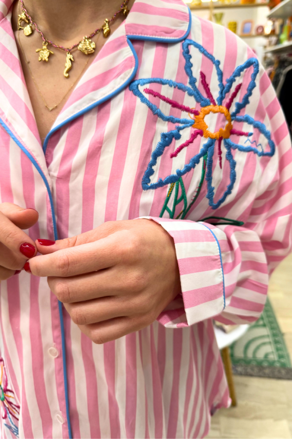 Stripped Shirt Flowers Pink